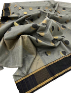 Grey Chanderi Handloom Silk Cotton Flower Design Saree - Luxurion World