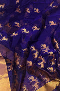 Blue Chanderi Handloom Silk Cotton Deer Design Saree - Luxurion World