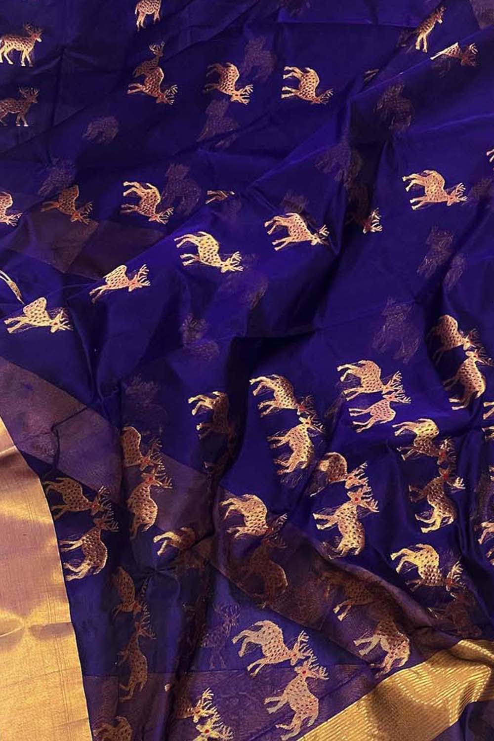 Blue Chanderi Handloom Silk Cotton Deer Design Saree - Luxurion World