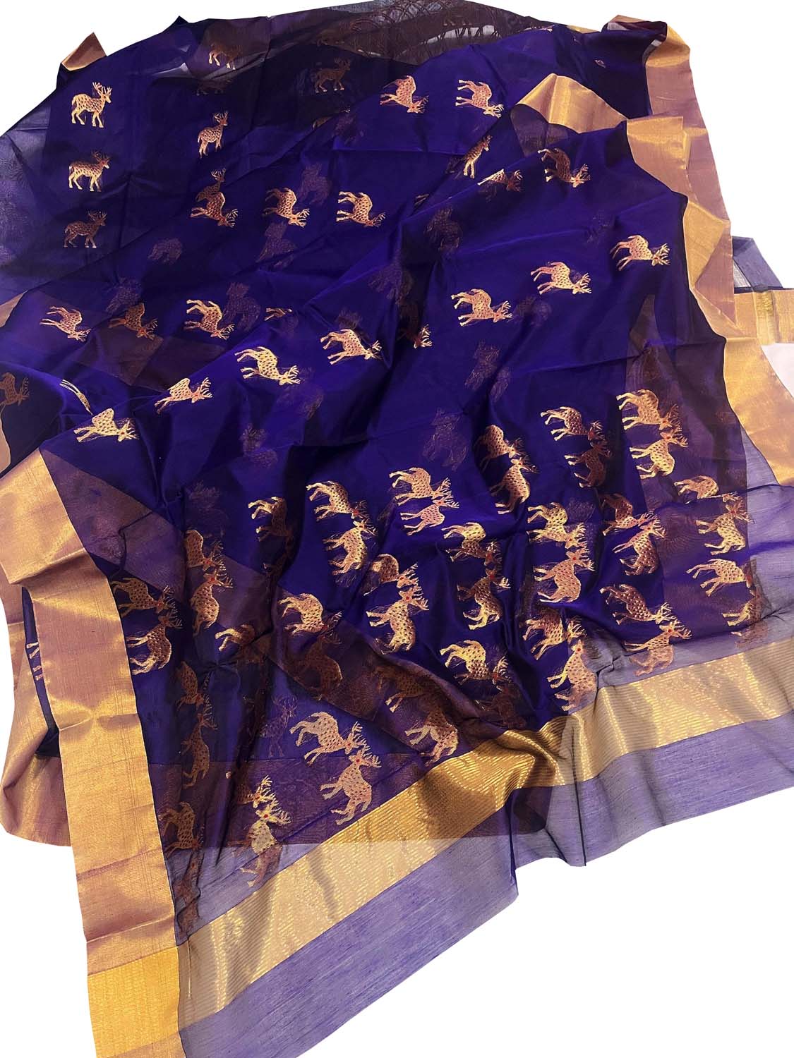 Blue Chanderi Handloom Silk Cotton Deer Design Saree - Luxurion World