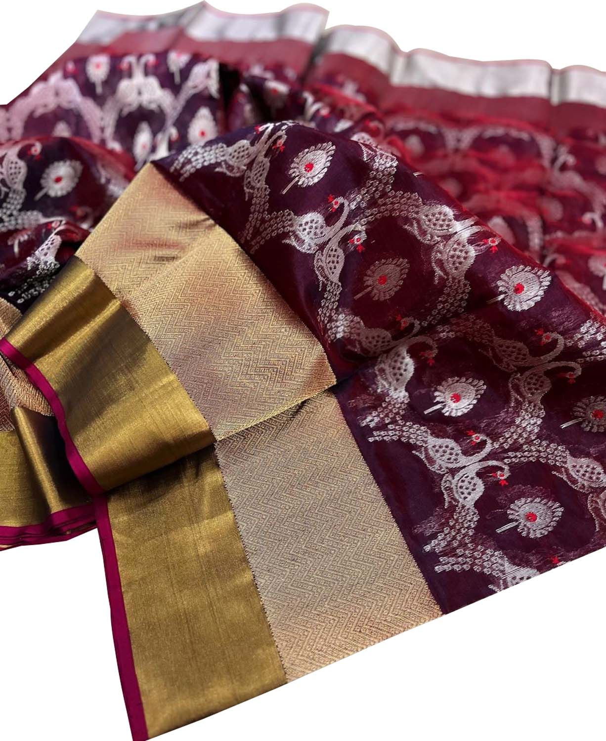 Maroon Chanderi Handloom Silk Flower Design Saree - Luxurion World