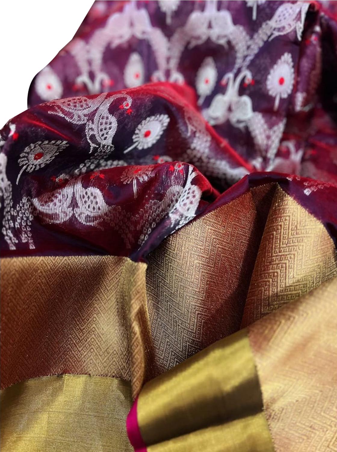 Maroon Chanderi Handloom Silk Flower Design Saree - Luxurion World