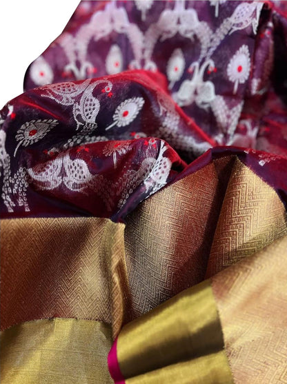 Maroon Chanderi Handloom Silk Flower Design Saree - Luxurion World