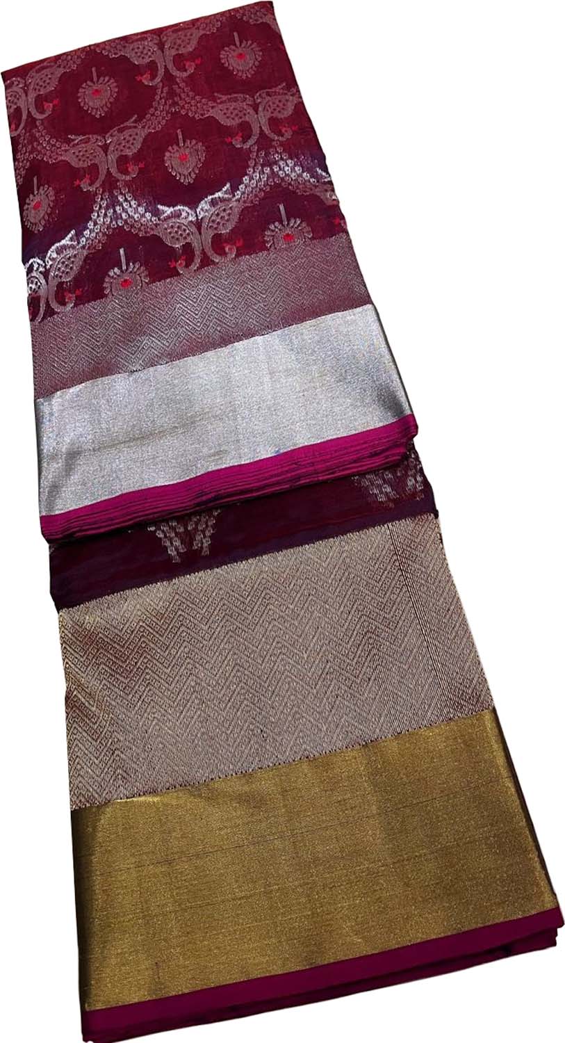 Maroon Chanderi Handloom Silk Flower Design Saree - Luxurion World