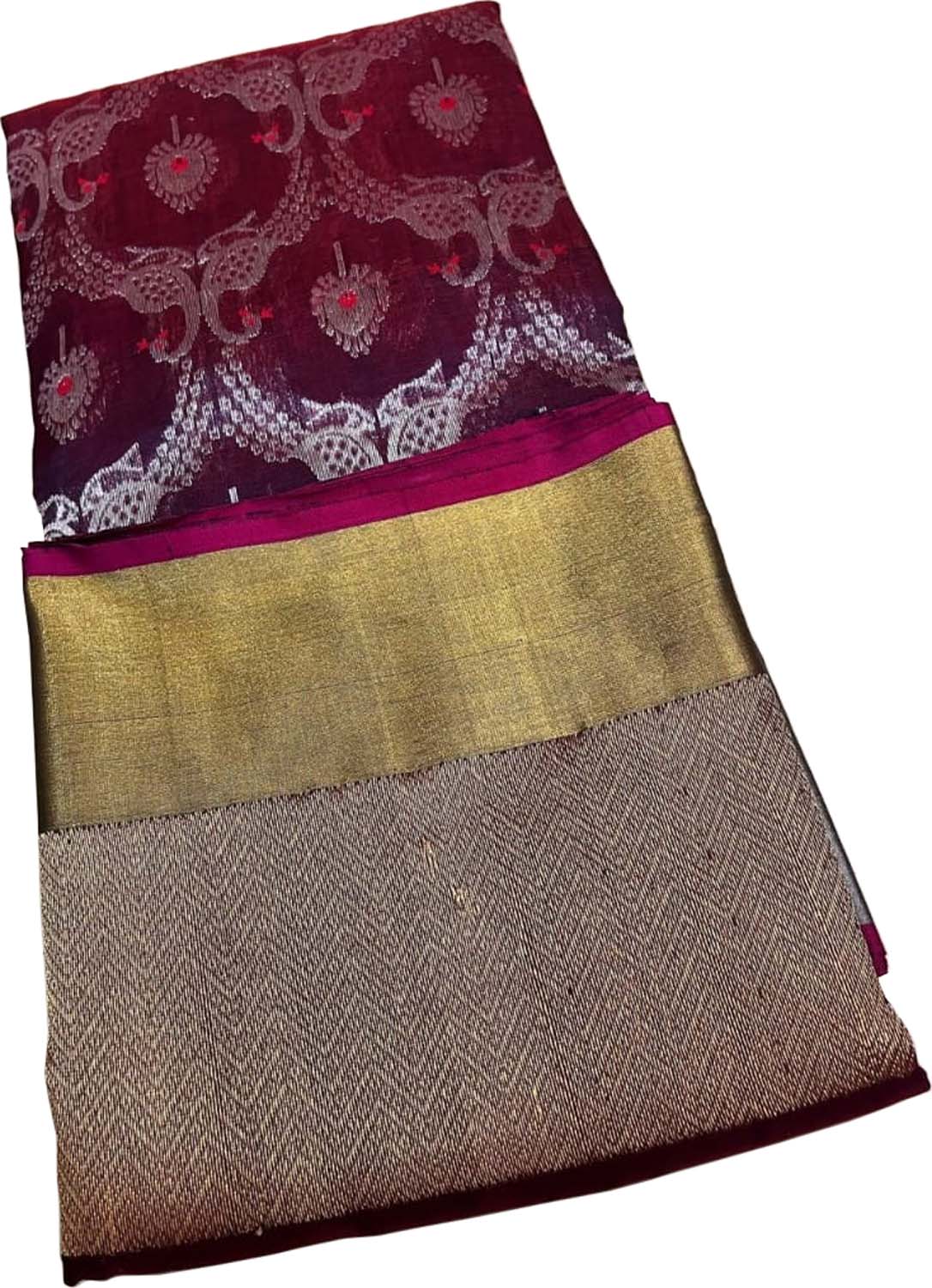 Maroon Chanderi Handloom Silk Flower Design Saree - Luxurion World