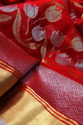 Red Chanderi Handloom Silk Flower Design Saree - Luxurion World