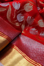 Red Chanderi Handloom Silk Flower Design Saree - Luxurion World