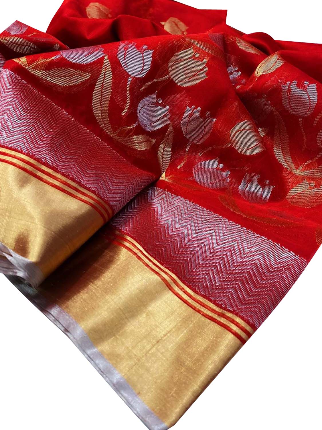 Red Chanderi Handloom Silk Flower Design Saree - Luxurion World