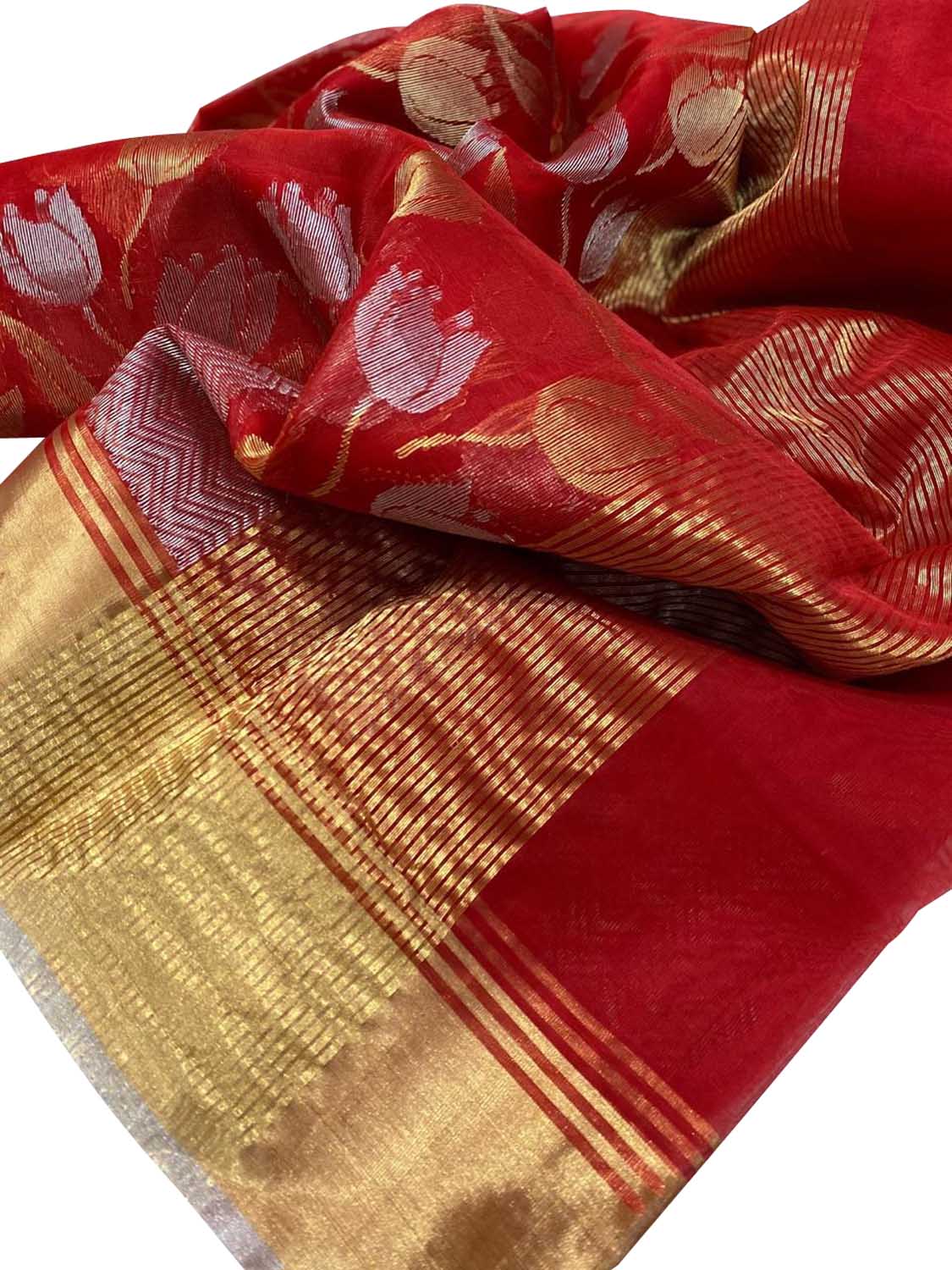 Red Chanderi Handloom Silk Flower Design Saree - Luxurion World