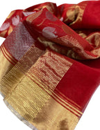 Red Chanderi Handloom Silk Flower Design Saree - Luxurion World