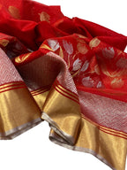 Red Chanderi Handloom Silk Flower Design Saree - Luxurion World
