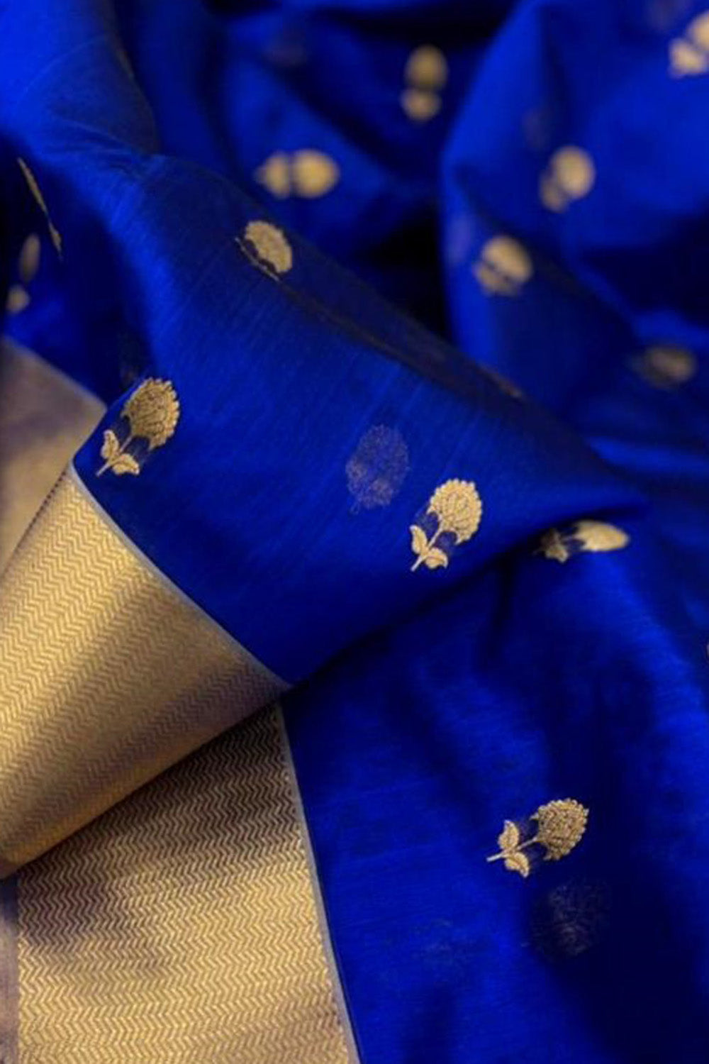 Blue Chanderi Handloom Pure Silk Flower Design Saree - Luxurion World