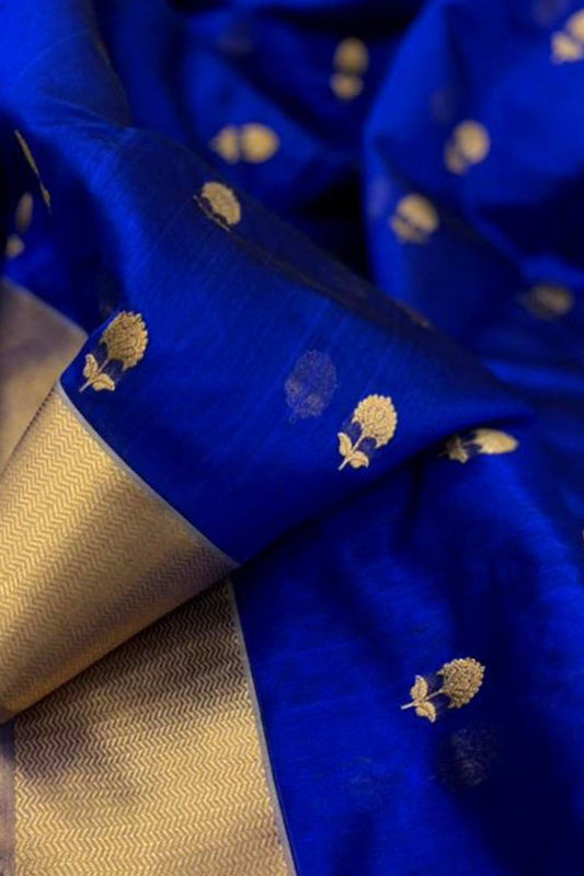 Blue Chanderi Handloom Pure Silk Flower Design Saree - Luxurion World