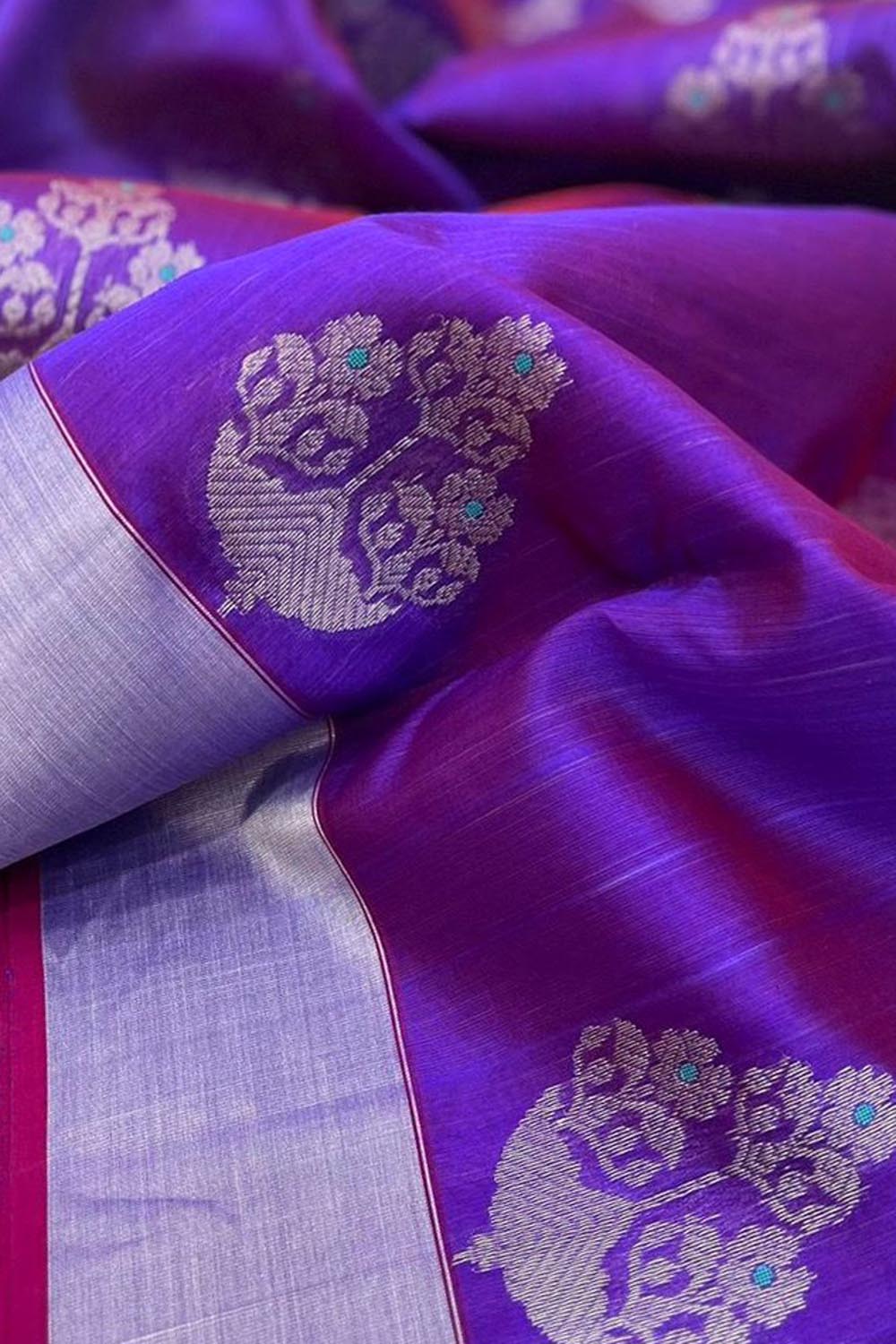Purple Chanderi Handloom Pure Silk Flower Design Saree - Luxurion World