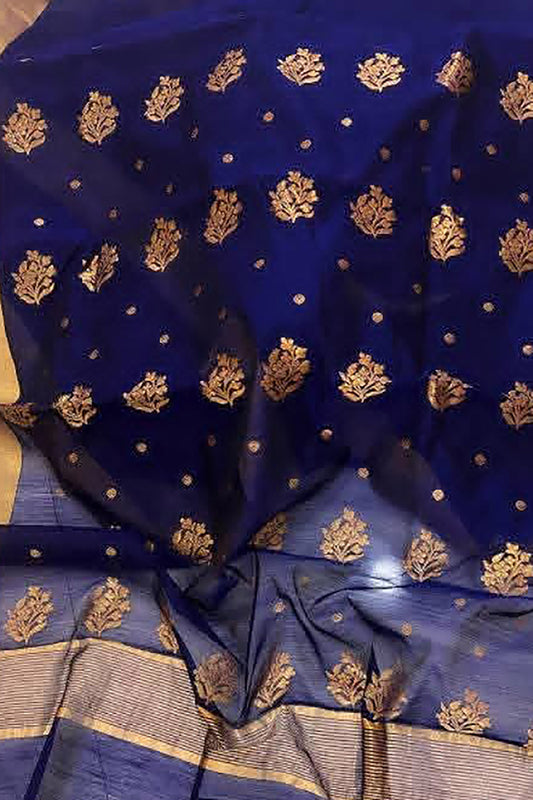 Blue Chanderi Handloom Silk Cotton Flower Design Saree - Luxurion World