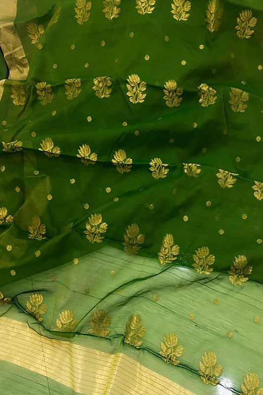 Green Chanderi Handloom Silk Cotton Flower Design Saree - Luxurion World