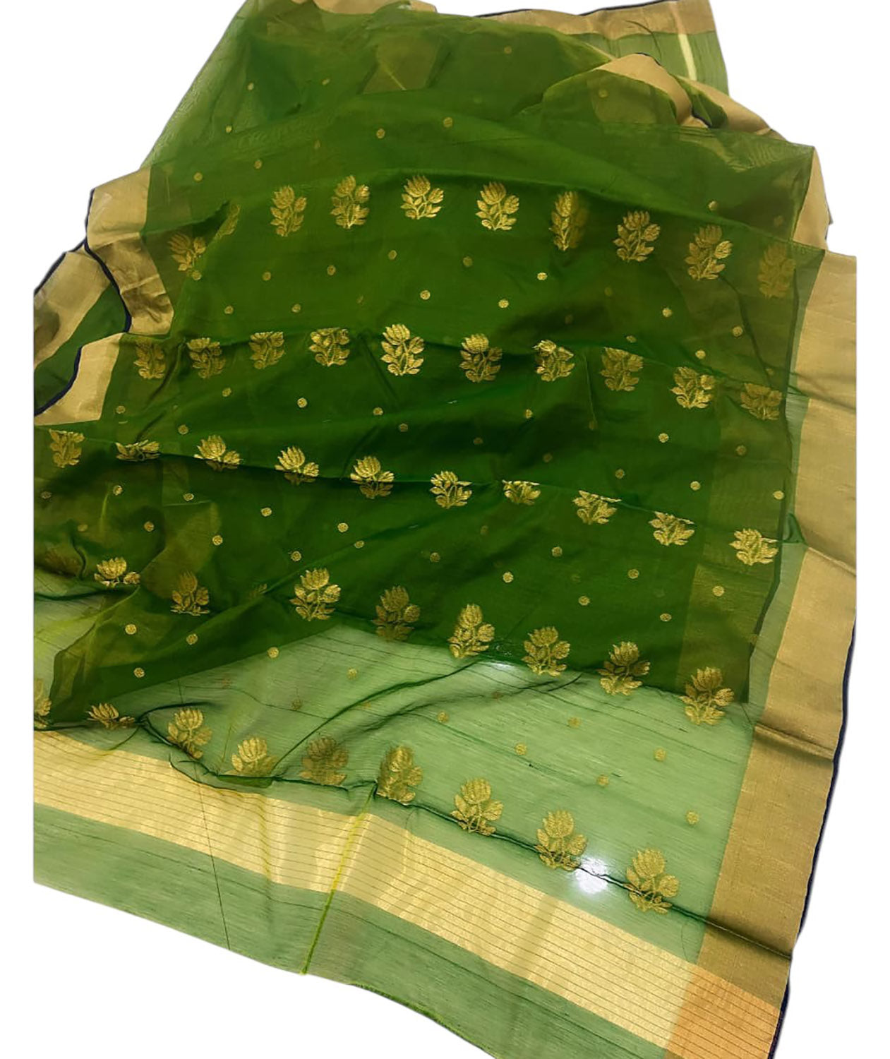 Green Chanderi Handloom Silk Cotton Flower Design Saree - Luxurion World