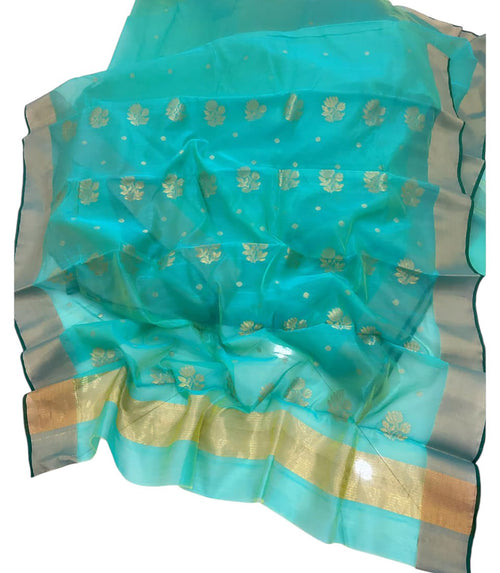 Blue Chanderi Handloom Silk Cotton Saree with Flower Design - Luxurion World