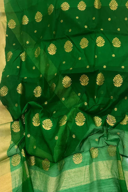 Green Chanderi Handloom Silk Cotton Flower Design Saree - Luxurion World