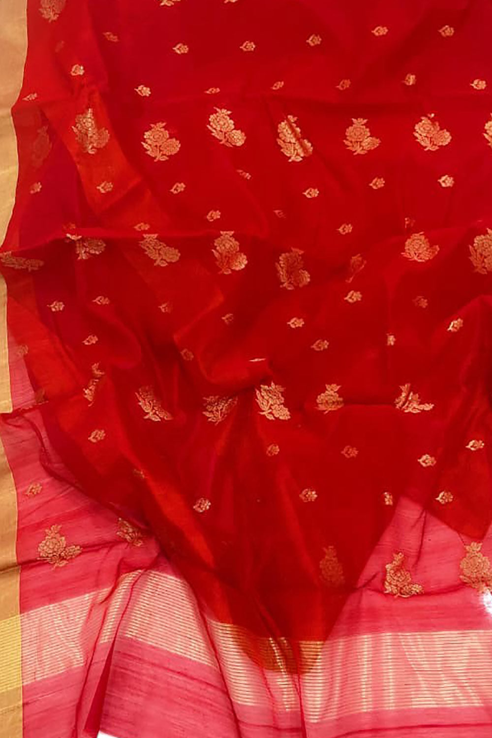 Red Chanderi Handloom Silk Cotton Flower Design Saree - Luxurion World