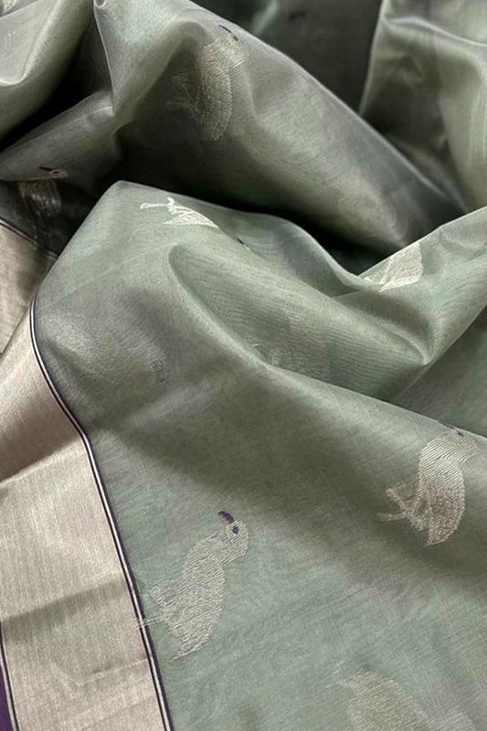 Elegant Grey Chanderi Handloom Pure Silk Saree - Luxurion World