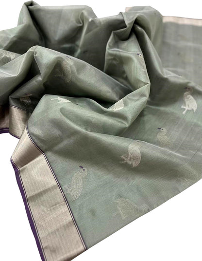 Elegant Grey Chanderi Handloom Pure Silk Saree - Luxurion World