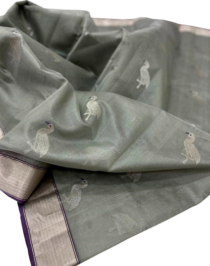 Elegant Grey Chanderi Handloom Pure Silk Saree - Luxurion World