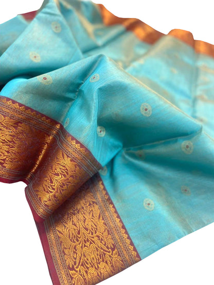 Elegant Blue Chanderi Handloom Pure Silk Meenakari Booti Design Saree - Luxurion World
