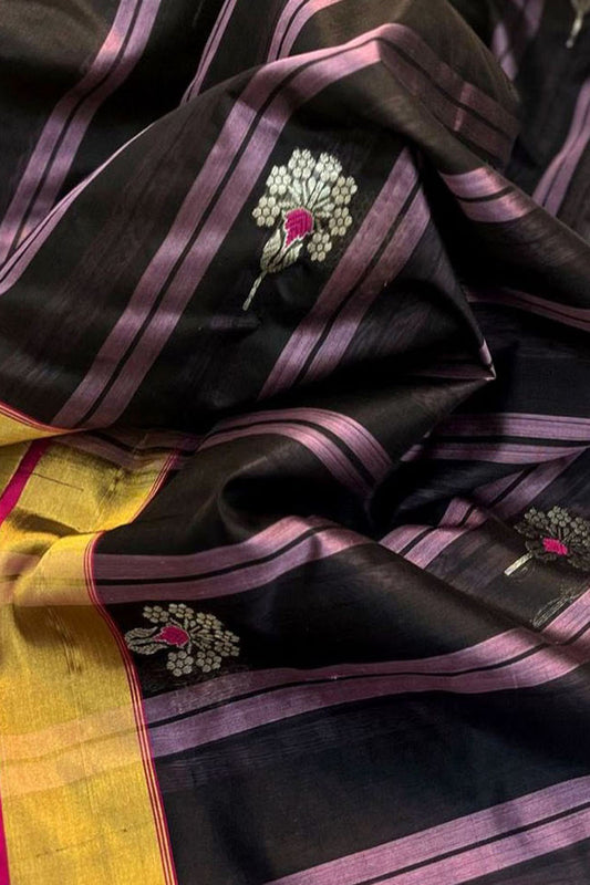 Elegant Black Chanderi Handloom Pure Silk Flower Design Saree - Luxurion World