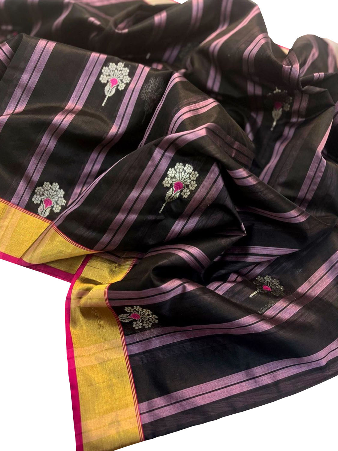 Elegant Black Chanderi Handloom Pure Silk Flower Design Saree - Luxurion World
