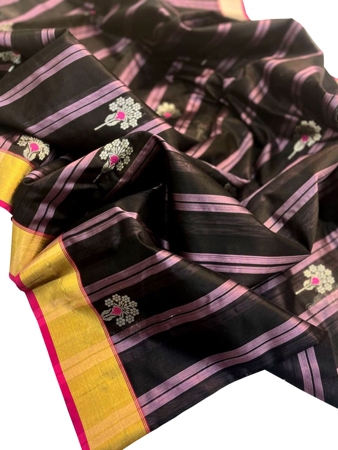 Elegant Black Chanderi Handloom Pure Silk Flower Design Saree - Luxurion World