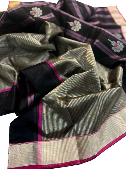 Elegant Black Chanderi Handloom Pure Silk Flower Design Saree - Luxurion World