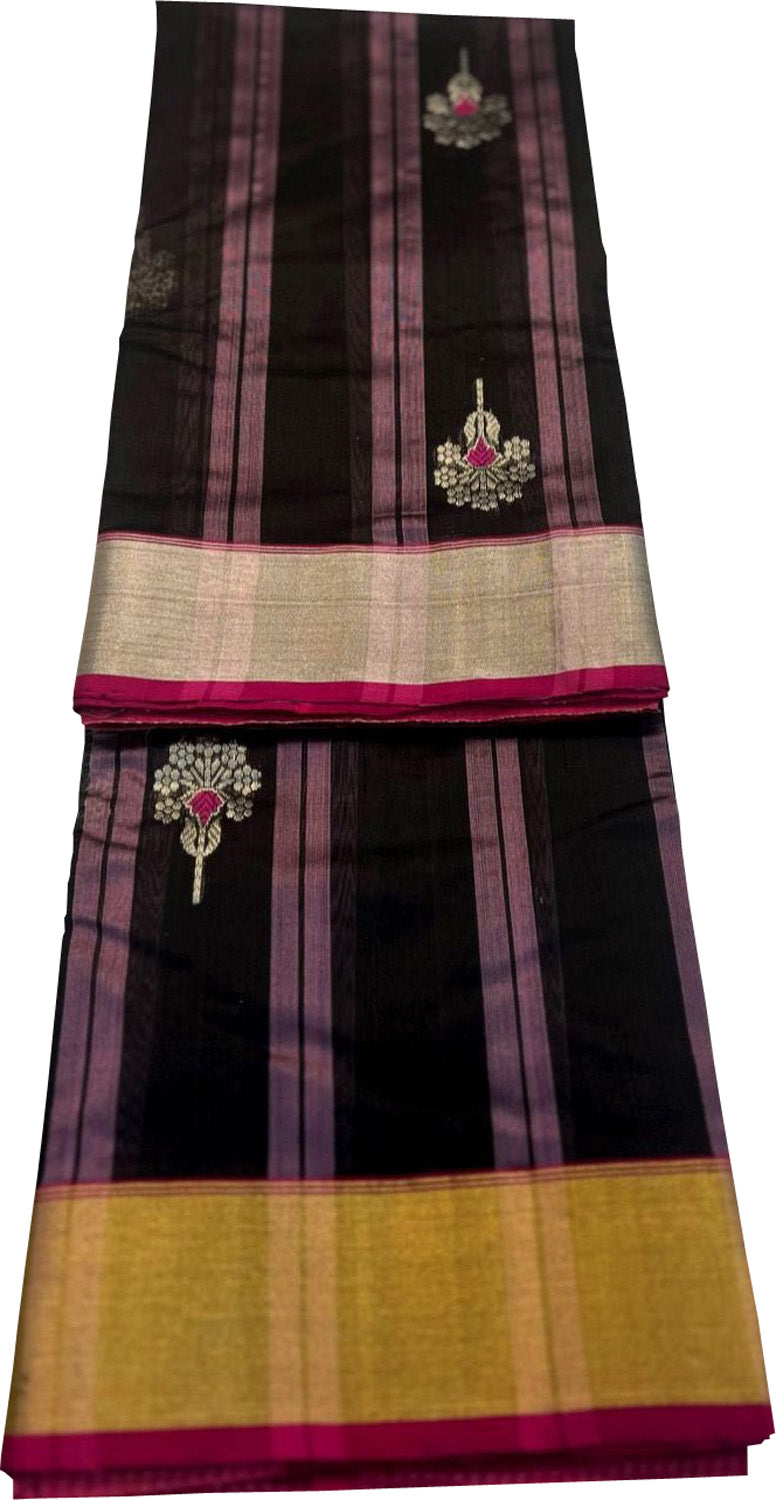 Elegant Black Chanderi Handloom Pure Silk Flower Design Saree - Luxurion World