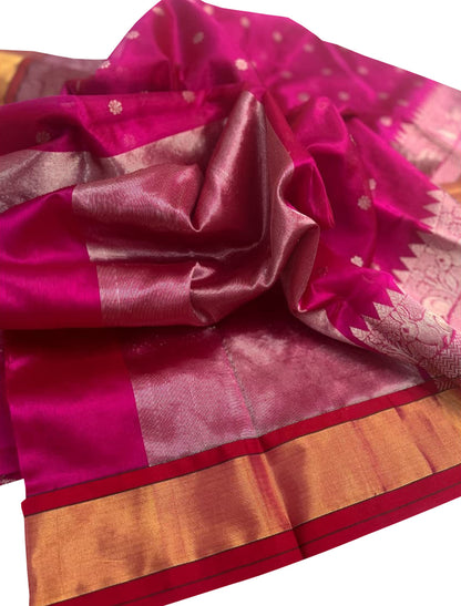 Pink Chanderi Handloom Pure Silk Booti Design Saree - Luxurion World