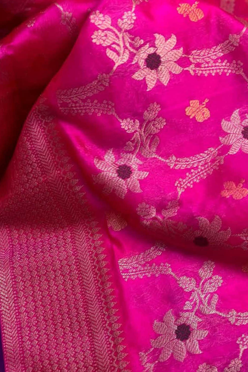 Pink Chanderi Handloom Pure Silk Meenakari Flower Design Saree - Luxurion World