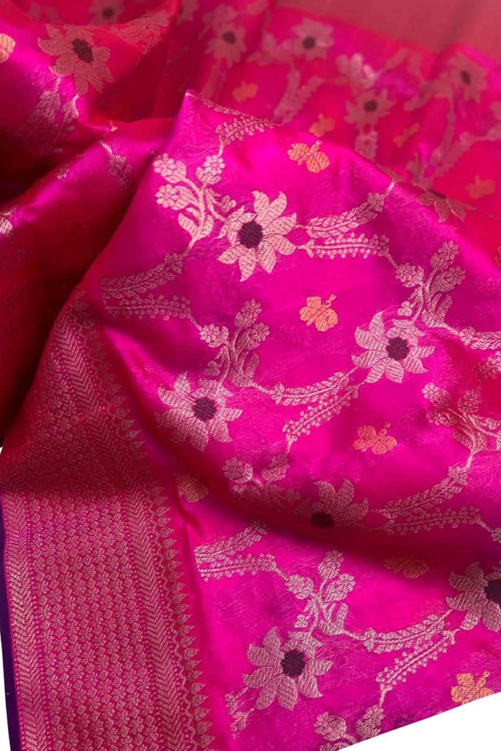 Pink Chanderi Handloom Pure Silk Meenakari Flower Design Saree - Luxurion World