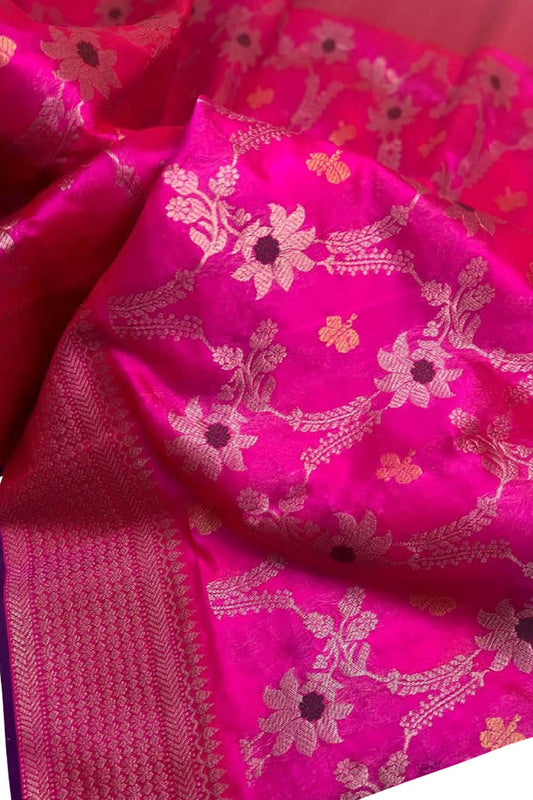Pink Chanderi Handloom Pure Silk Meenakari Flower Design Saree - Luxurion World