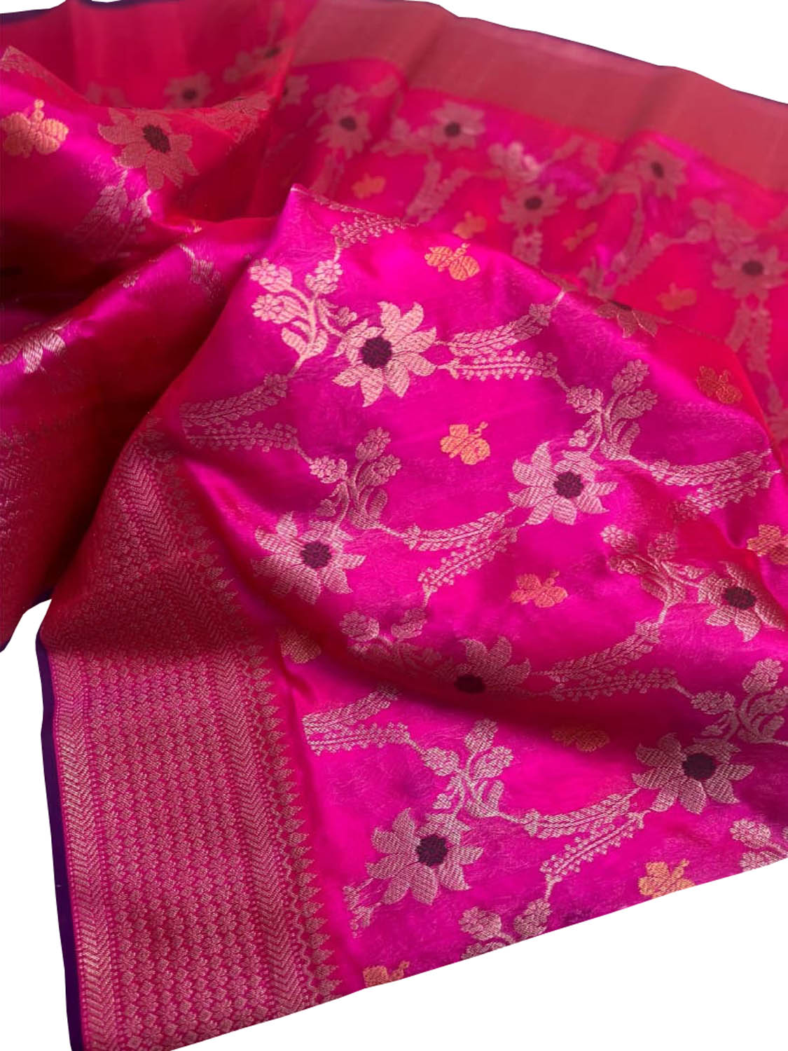 Pink Chanderi Handloom Pure Silk Meenakari Flower Design Saree - Luxurion World