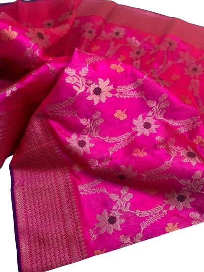 Pink Chanderi Handloom Pure Silk Meenakari Flower Design Saree - Luxurion World