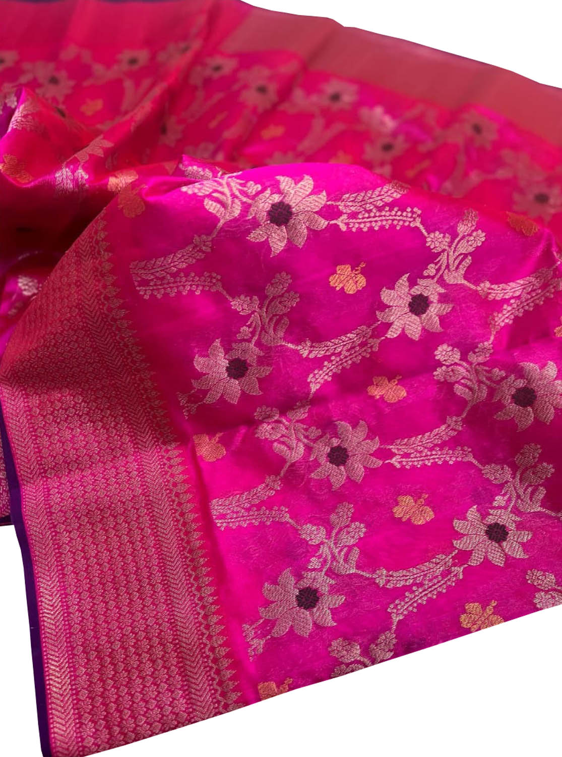 Pink Chanderi Handloom Pure Silk Meenakari Flower Design Saree - Luxurion World