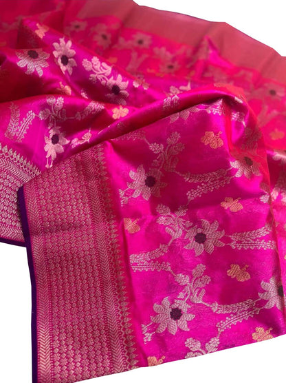 Pink Chanderi Handloom Pure Silk Meenakari Flower Design Saree - Luxurion World