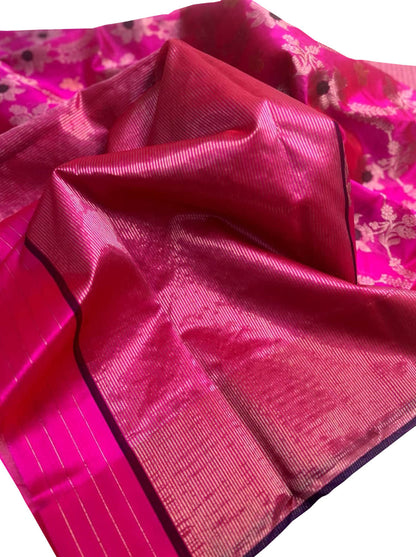 Pink Chanderi Handloom Pure Silk Meenakari Flower Design Saree - Luxurion World