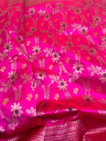 Pink Chanderi Handloom Pure Silk Meenakari Flower Design Saree - Luxurion World