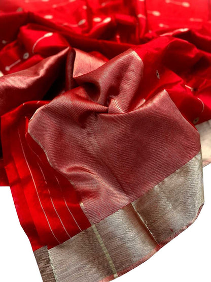 Red Chanderi Handloom Pure Silk Flower Meenakari Design Saree - Luxurion World