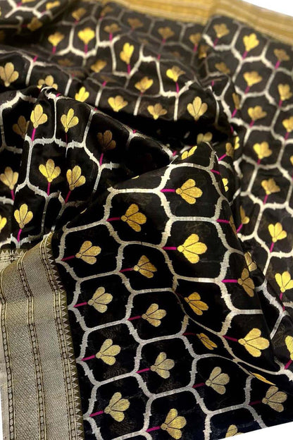 Black Chanderi Handloom Pure Silk Flower Design Saree - Luxurion World