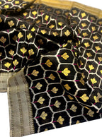 Black Chanderi Handloom Pure Silk Flower Design Saree - Luxurion World