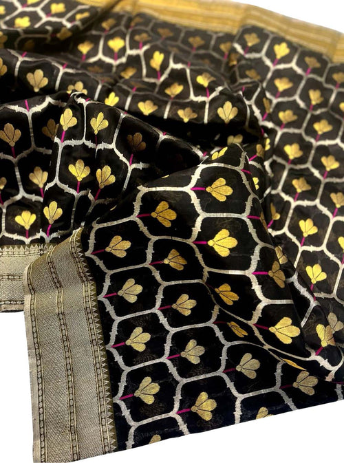 Black Chanderi Handloom Pure Silk Flower Design Saree - Luxurion World