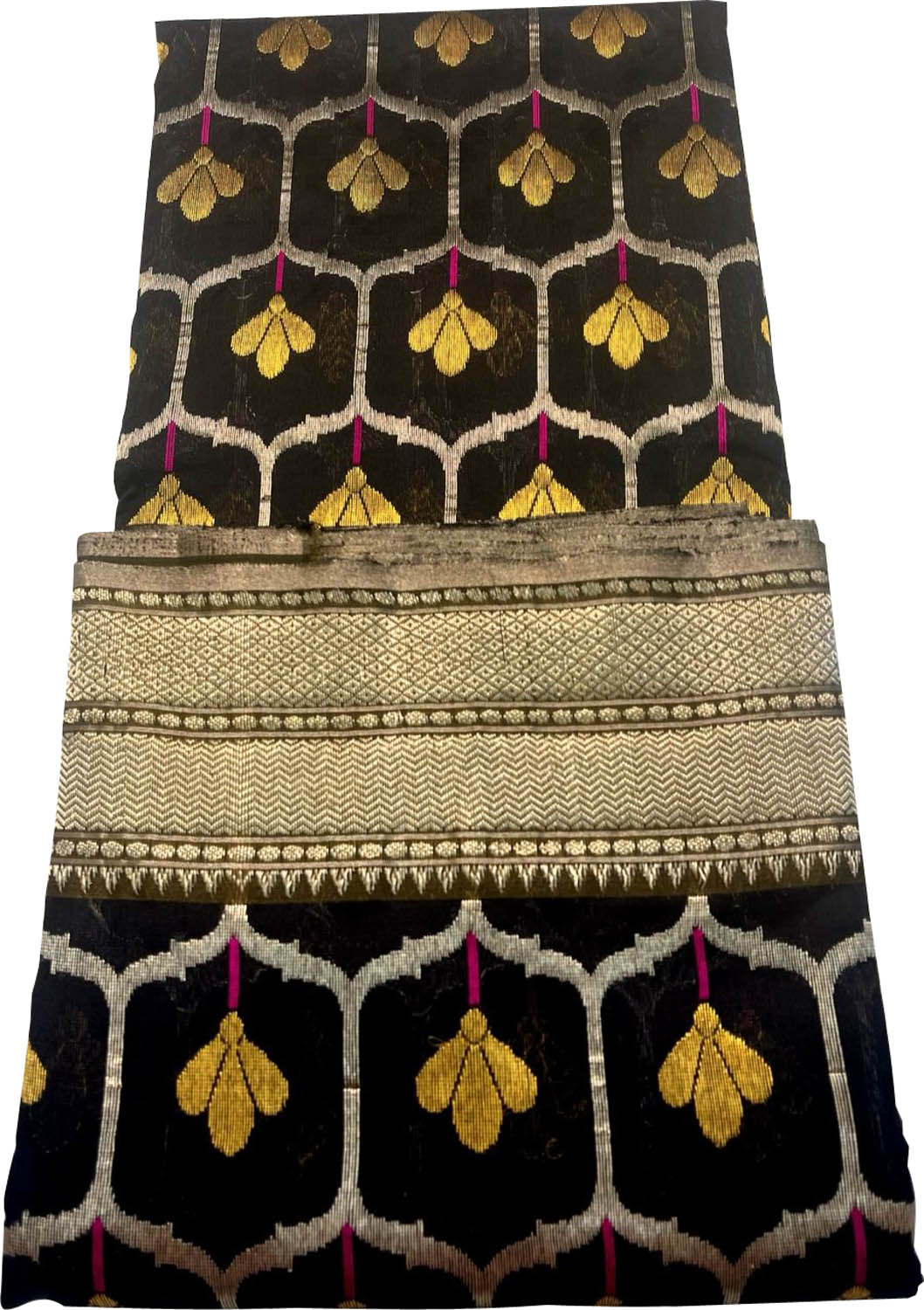 Black Chanderi Handloom Pure Silk Flower Design Saree - Luxurion World