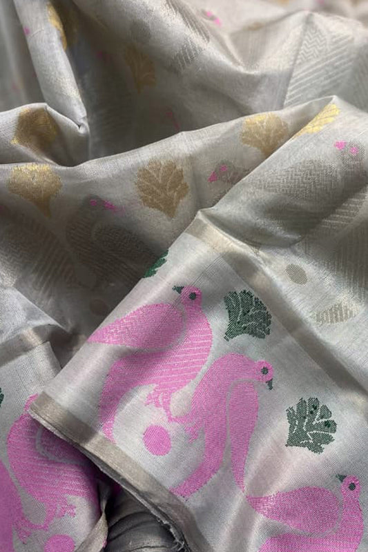 Grey Chanderi Handloom Pure Tissue Silk Bird Design Saree - Luxurion World
