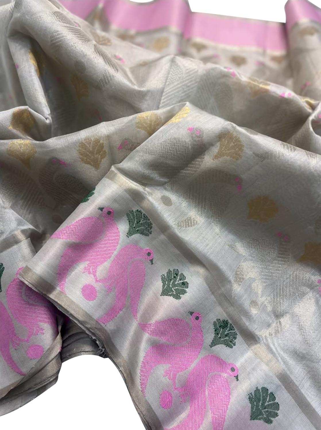 Grey Chanderi Handloom Pure Tissue Silk Bird Design Saree - Luxurion World